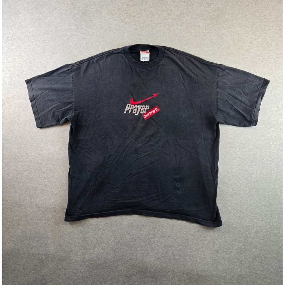 Vintage Prayer T Shirt Mens 3XL Slate "Prayer Just Do It" Swoosh‎ Boxy 90's Y2K